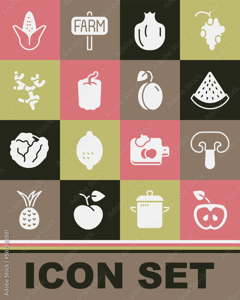 Set Apple, Mushroom, Watermelon, Pomegranate, Bell pepper, Ginger root, Corn and Plum fruit icon. Vector