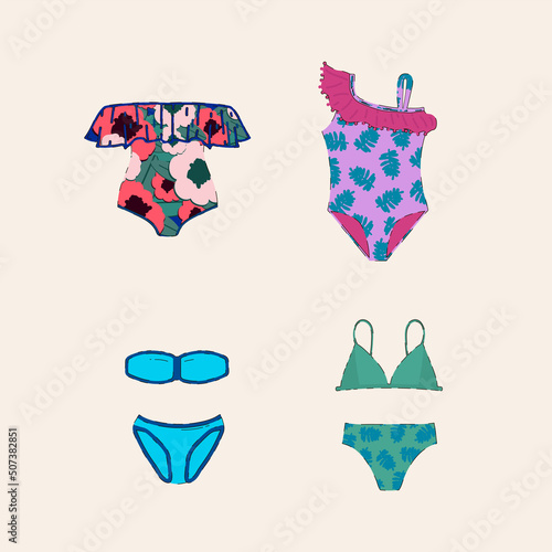 A set of swimwear for the beach. Women's clothing for the sea with a bright pattern of flowers and foliage. Collection of beachwear swimsuit, bottom, bustier, bustier. Vector illustration