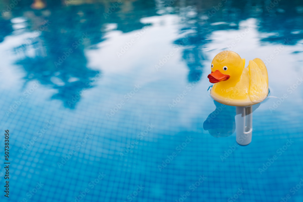 yellow rubber duck toy in the water of a swimming pool. moving water