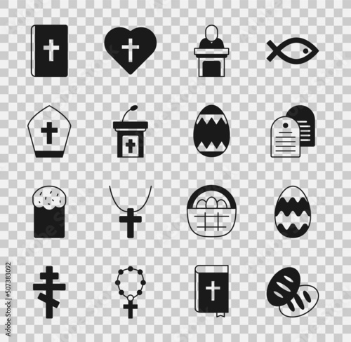 Set Christian bread, Easter egg, Holy bible book, Church pastor preaching, sermon tribune, Pope hat, and icon. Vector