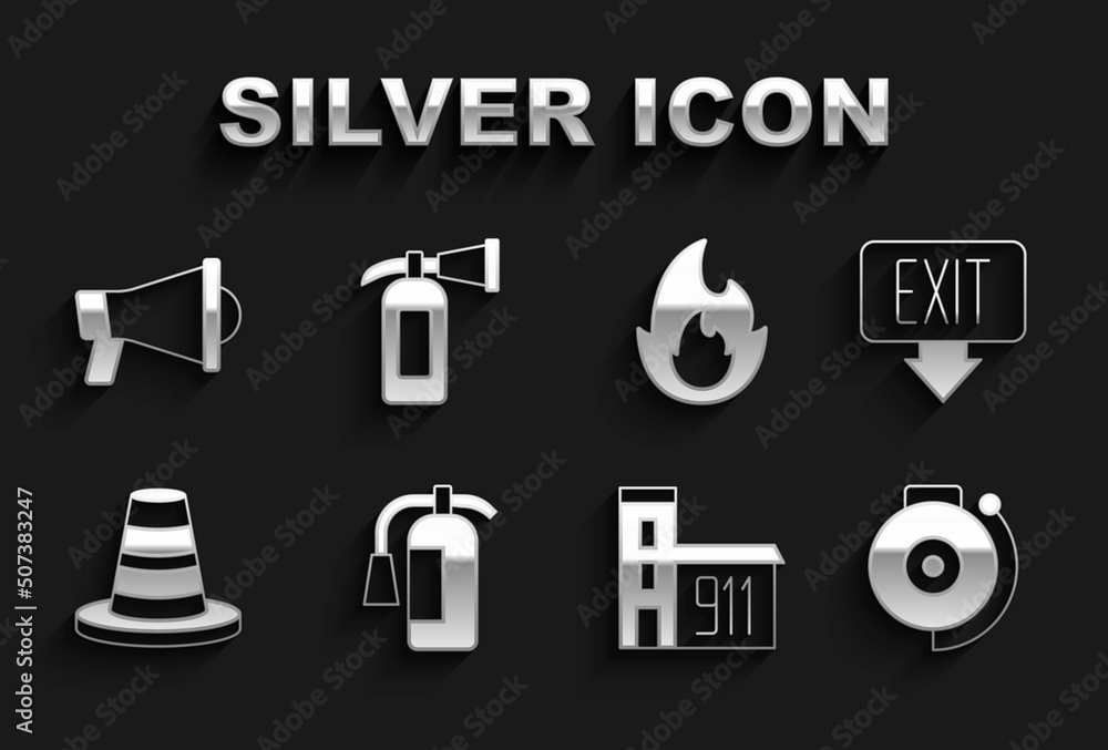 Set Fire extinguisher, exit, Ringing alarm bell, Building of fire station, Traffic cone, flame, Megaphone and icon. Vector Set Fire extinguisher, exit, Ringing alarm bell, Building of fire station, Traffic cone, flame, Megaphone and icon. Vector
