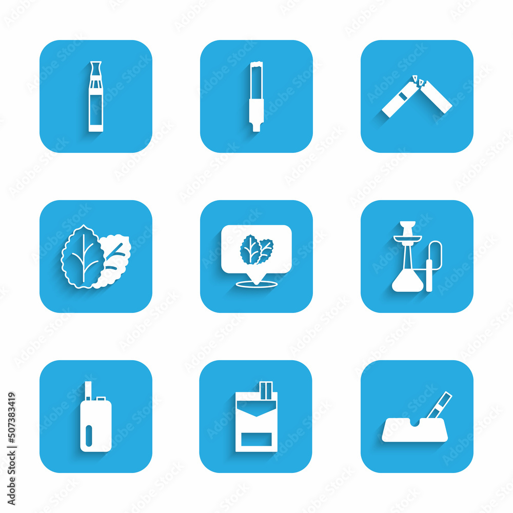 Set Tobacco leaf, Cigarettes pack box, Ashtray with cigarette, Hookah, Electronic, Broken and icon. Vector