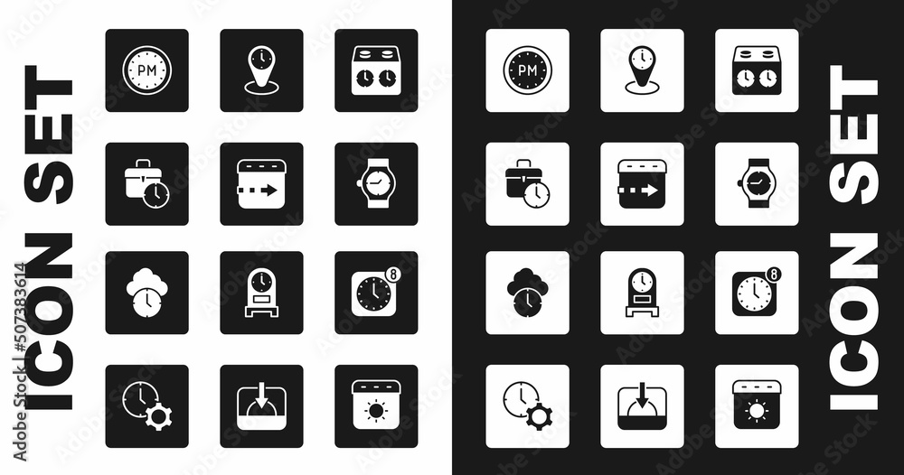 Set Time chess clock, flies on the, Work time, Day, Wrist watch, zone clocks, Alarm app mobile and Clock icon. Vector