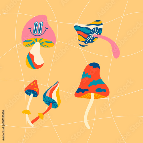 Vector design elements, groovy hippie illustrations, retro-psychedelic of the 70s. A bright funky print with mushrooms, a set of vector drawings in the hippie style. Template for postcards, posters, T