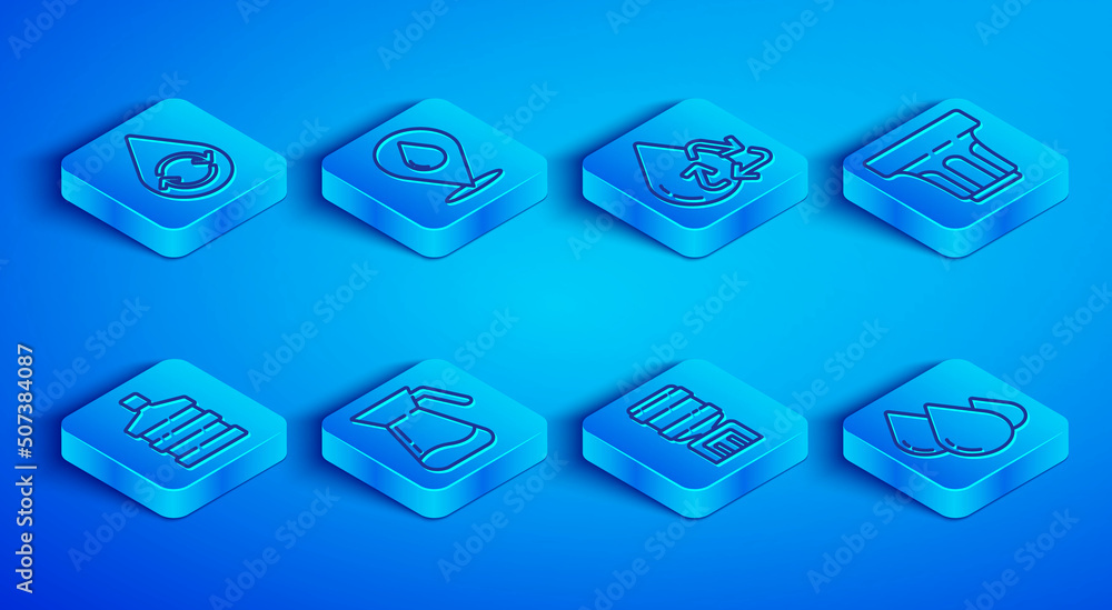 Set line Recycle clean aqua, Water drop with location, Jug glass water, cooler, Glass, Big bottle and icon. Vector Set line Recycle clean aqua, Water drop with location, Jug glass water, cooler, Glass, Big bottle and icon. Vector