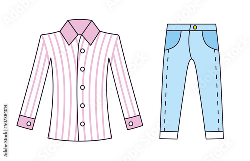 White pink striped long sleeve formal dress shirt and blue jeans pants isolated cartoon vectors, fashionable elegant clothing items set.