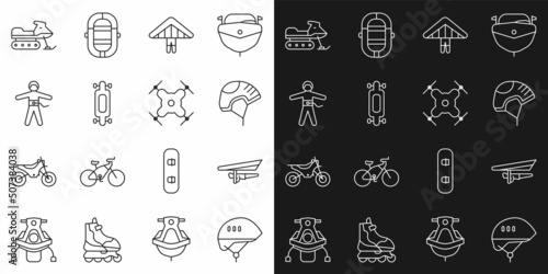 Set line Bicycle helmet  Hang glider  Helmet  Longboard or skateboard  Bungee jumping  Snowmobile and Drone flying icon. Vector