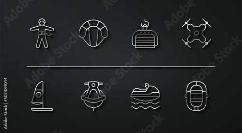 Set line Bungee jumping, Windsurfing, Drone flying, Jet ski, Parachute, Rafting boat and Ski lift icon. Vector