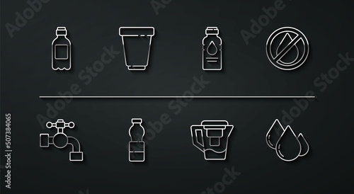 Set line Bottle of water, Water tap, drop forbidden, jug with filter, cartridge, and icon. Vector