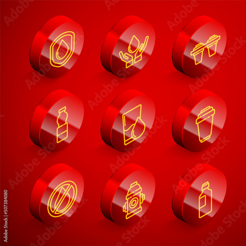 Set line Waterproof, Washing hands with soap, filter, Bottle water, Glass, cartridge, drop forbidden and Fire hydrant icon. Vector