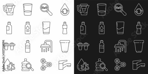 Set line Water tap, filter cartridge, Bottle of water, Chemical formula for H2O, jug with and Glass icon. Vector