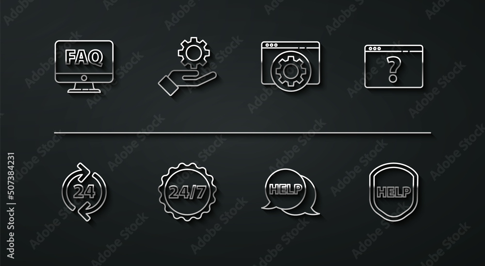 Set line Computer monitor and FAQ, Telephone 24 hours support, Browser with question mark, Speech bubble text Help, Clock, Settings in the hand, Shield and setting icon. Vector Set line Computer monitor and FAQ, Telephone 24 hours support, Browser with question mark, Speech bubble text Help, Clock, Settings in the hand, Shield and setting icon. Vector