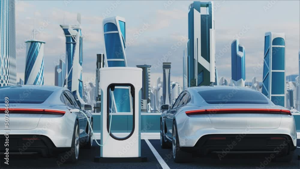Electric charging station on the background of the city of the future ...