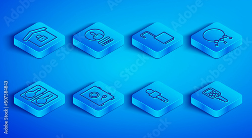 Set line House under protection, Create account screen, Open padlock, Safe, Locked key, Bunch of keys, Casting and Car with remote icon. Vector