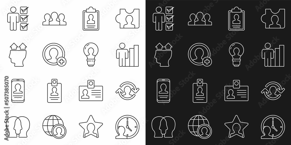 Set line Time Management, Human resources, Productive human, Clipboard with resume, Create account screen, User of, in business suit and Head lamp bulb icon. Vector