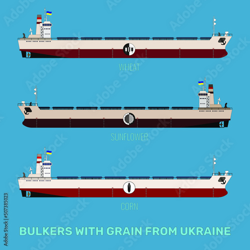 Set of vector illustrations of Ukrainian bulk carriers with cereals corn, sunflower, wheat on a blue sea background. Bulk carriers carry a yellow-blue flag.
