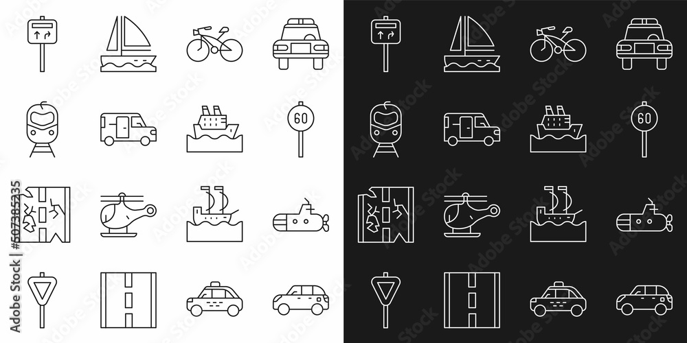 Set line Hatchback car, Submarine, Speed limit traffic, Bicycle, Minibus, Train and railway, Road signpost and Cruise ship icon. Vector