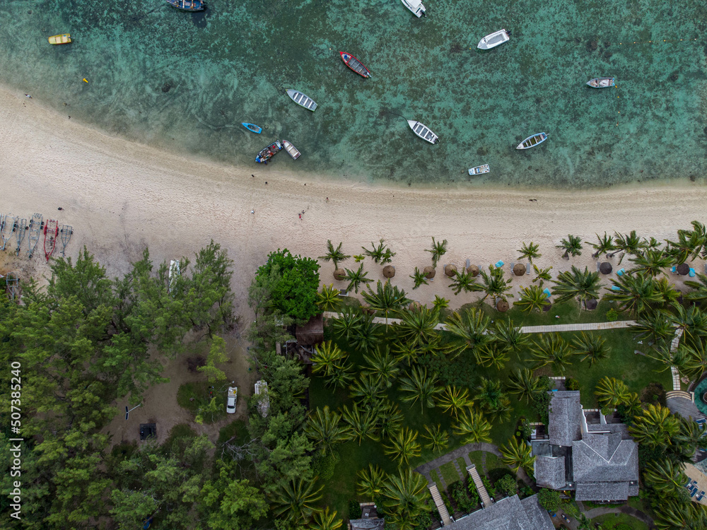 Tropical beach in Le Morne from above, Mauritius