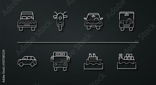 Set line Car, Hatchback car, Bus, Cruise ship, Scooter, Cargo with boxes and icon. Vector