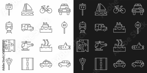 Set line Hatchback car  Submarine  Speed limit traffic  Bicycle  Minibus  Train and railway  Road signpost and Cruise ship icon. Vector