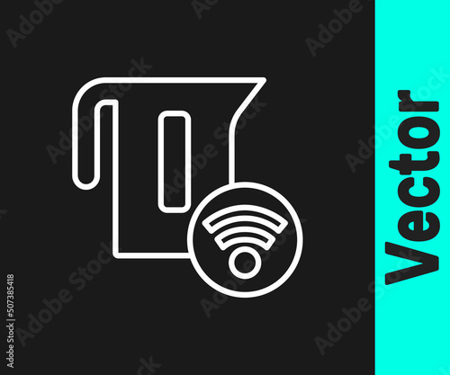 White line Smart electric kettle system icon isolated on black background. Teapot icon. Internet of things concept with wireless connection. Vector