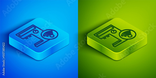 Isometric line Smart coffee machine system icon isolated on blue and green background. Internet of things concept with wireless connection. Square button. Vector