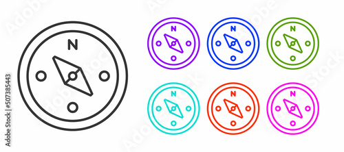 Black line Compass icon isolated on white background. Windrose navigation symbol. Wind rose sign. Set icons colorful. Vector
