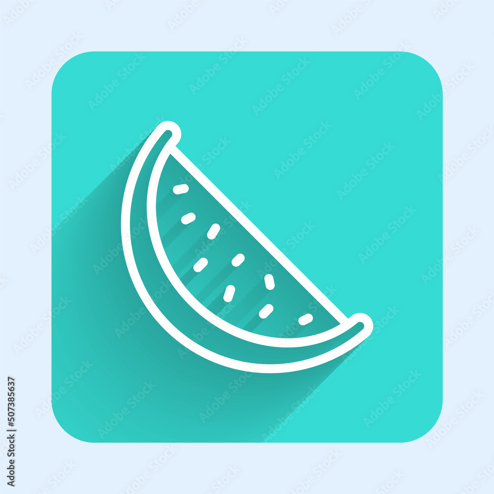 White line Watermelon icon isolated with long shadow. Green square button. Vector White line Watermelon icon isolated with long shadow. Green square button. Vector