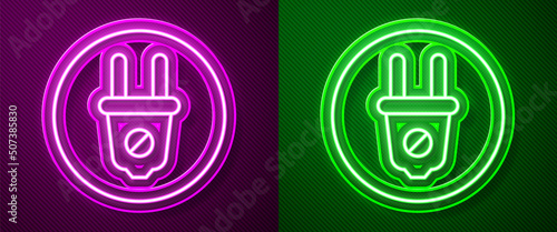 Glowing neon line Electric plug icon isolated on purple and green background. Concept of connection and disconnection of the electricity. Vector