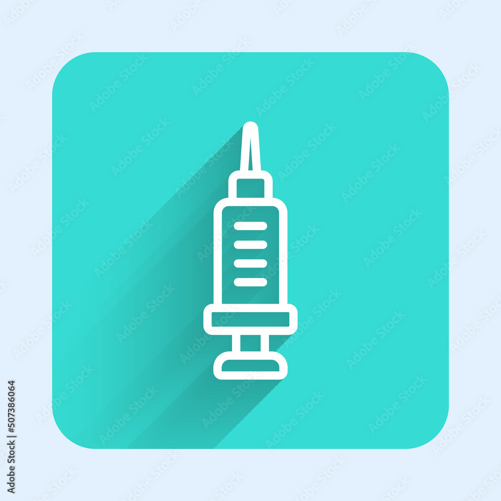 White line Addiction to the drug icon isolated with long shadow background. Heroin, narcotic, addiction, illegal. Sick junkie with a syringe and medical pills. Green square button. Vector White line Addiction to the drug icon isolated with long shadow background. Heroin, narcotic, addiction, illegal. Sick junkie with a syringe and medical pills. Green square button. Vector