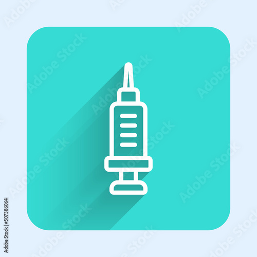 White line Addiction to the drug icon isolated with long shadow background. Heroin, narcotic, addiction, illegal. Sick junkie with a syringe and medical pills. Green square button. Vector