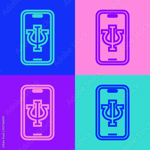 Pop art line Online psychological counseling distance icon isolated on color background. Psychotherapy, psychological help, psychiatrist online consulting. Vector