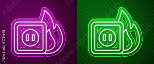 Glowing neon line Electric wiring of socket in fire icon isolated on purple and green background. Electrical safety concept. Plug outlet on fire. Vector