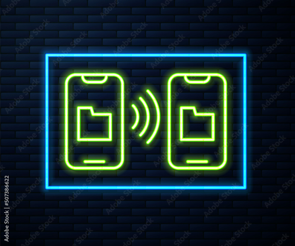 Glowing neon line Cloud technology data transfer and storage icon isolated on brick wall background. Vector Glowing neon line Cloud technology data transfer and storage icon isolated on brick wall background. Vector