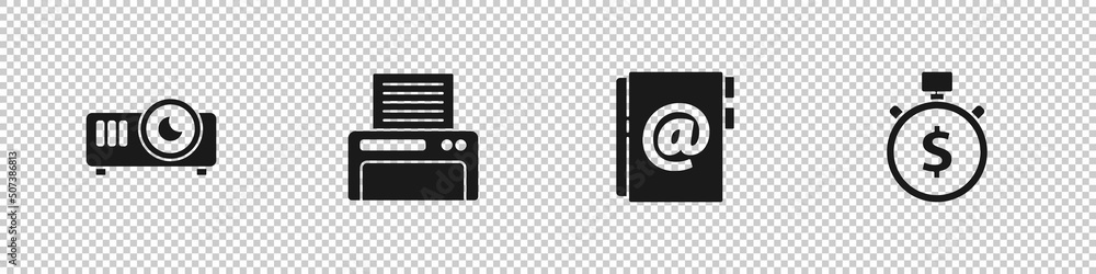 Set Movie, film, media projector, Printer, Address book and Time is money icon. Vector Set Movie, film, media projector, Printer, Address book and Time is money icon. Vector