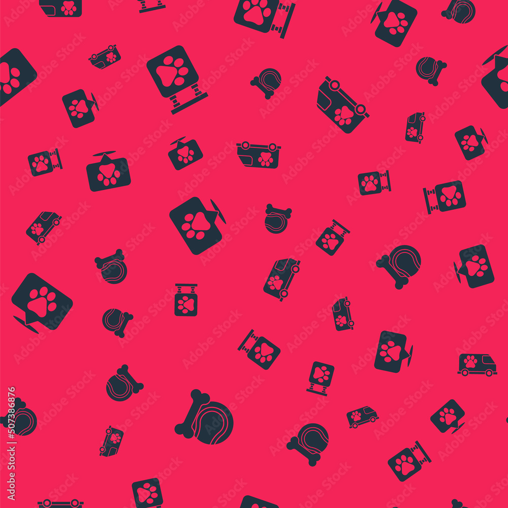 Set Pet toys bone rubber and ball, Veterinary clinic, Location veterinary and ambulance on seamless pattern. Vector Set Pet toys bone rubber and ball, Veterinary clinic, Location veterinary and ambulance on seamless pattern. Vector