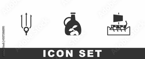 Set Neptune Trident, Bottle of olive oil and Greek trireme icon. Vector