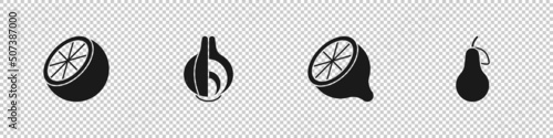 Set Orange fruit, Onion, Lemon and Pear icon. Vector