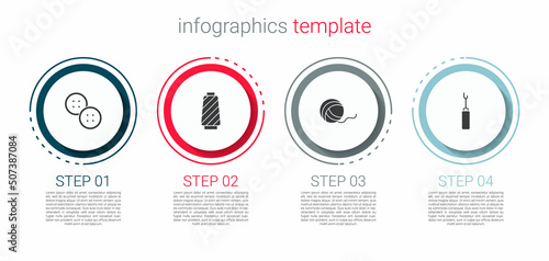 Set Sewing button, thread spool, Yarn ball and Awl tool. Business infographic template. Vector
