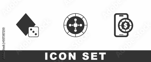 Set Game dice, Casino roulette wheel and Online poker table game icon. Vector
