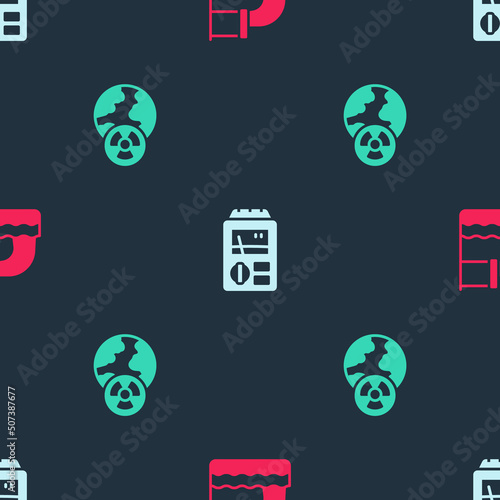 Set Wastewater, Dosimeter and Planet earth and radiation on seamless pattern. Vector