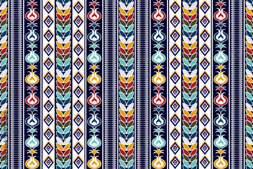 Ikat ethnic textile seamless pattern design. Aztec fabric carpet mandala ornaments textile decorations wallpaper. Textile tribal boho native turkey traditional embroidery vector background 