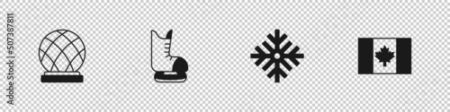 Set Montreal Biosphere, Skates, Snowflake and Flag of Canada icon. Vector