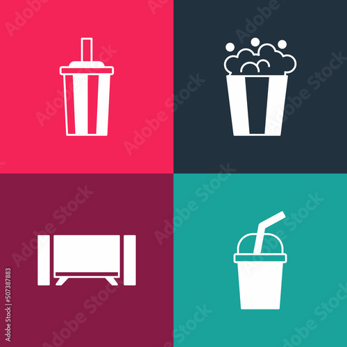 Set pop art Paper glass with water  Smart Tv  Popcorn in cardboard box and icon. Vector