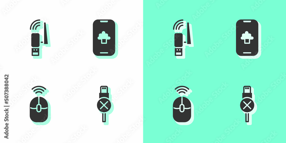 Set No usb cable cord, Usb wireless adapter, Wireless computer mouse and Cloud technology data icon. Vector Set No usb cable cord, Usb wireless adapter, Wireless computer mouse and Cloud technology data icon. Vector