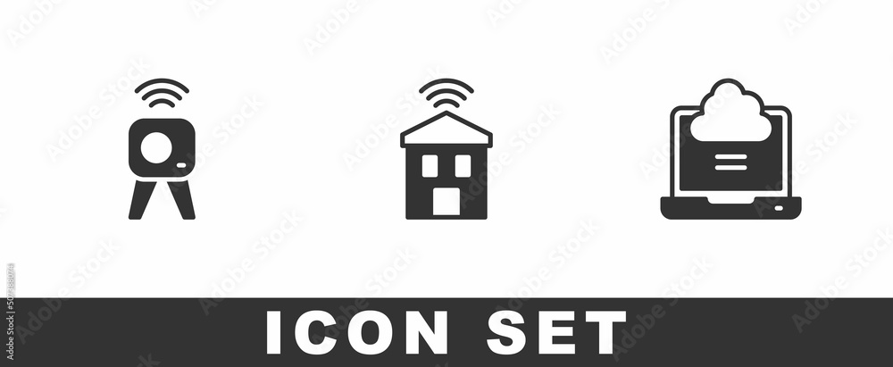 Set Web camera, Smart home with wi-fi and Network cloud connection icon. Vector Set Web camera, Smart home with wi-fi and Network cloud connection icon. Vector
