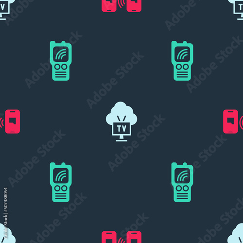 Set Data transfer and storage, Smart Tv and Walkie talkie on seamless pattern. Vector