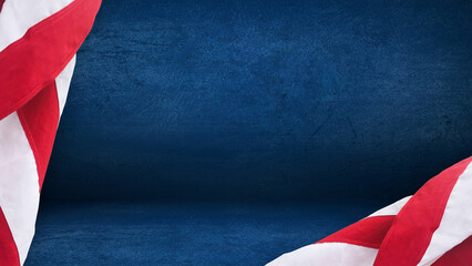 Patriotic American Flag Border and Blue Grunge Empty Room Background with Copy Space, Horizontal