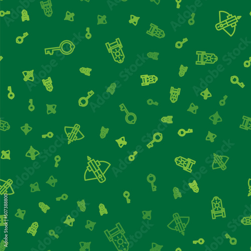 Set line Old key, Battle crossbow with arrow and Medieval throne on seamless pattern. Vector