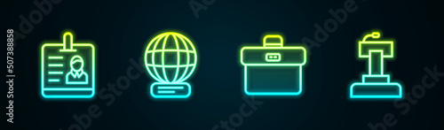 Set line Identification badge, Worldwide, Briefcase and Stage stand tribune. Glowing neon icon. Vector © Kostiantyn